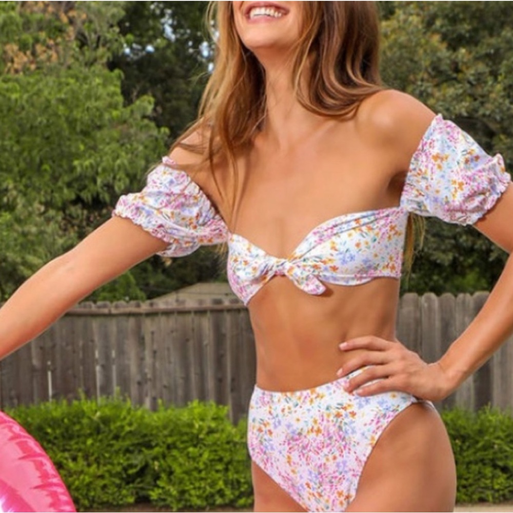 Lulus Poolside To Side Ivory Floral Print Tie Front Bikini Top and Bottom Set